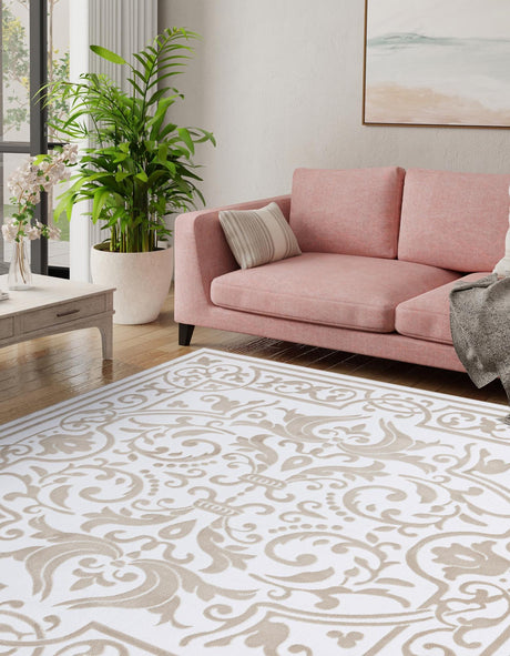 Snow White 7' 10 x 7' 10 Hermitage Square Area Rug 55% Polypropylene & 45% Polyester Easy Clean Stain-Resistant Carpet for Living, Office, Dorm Rooms for Sale at Rug Engine