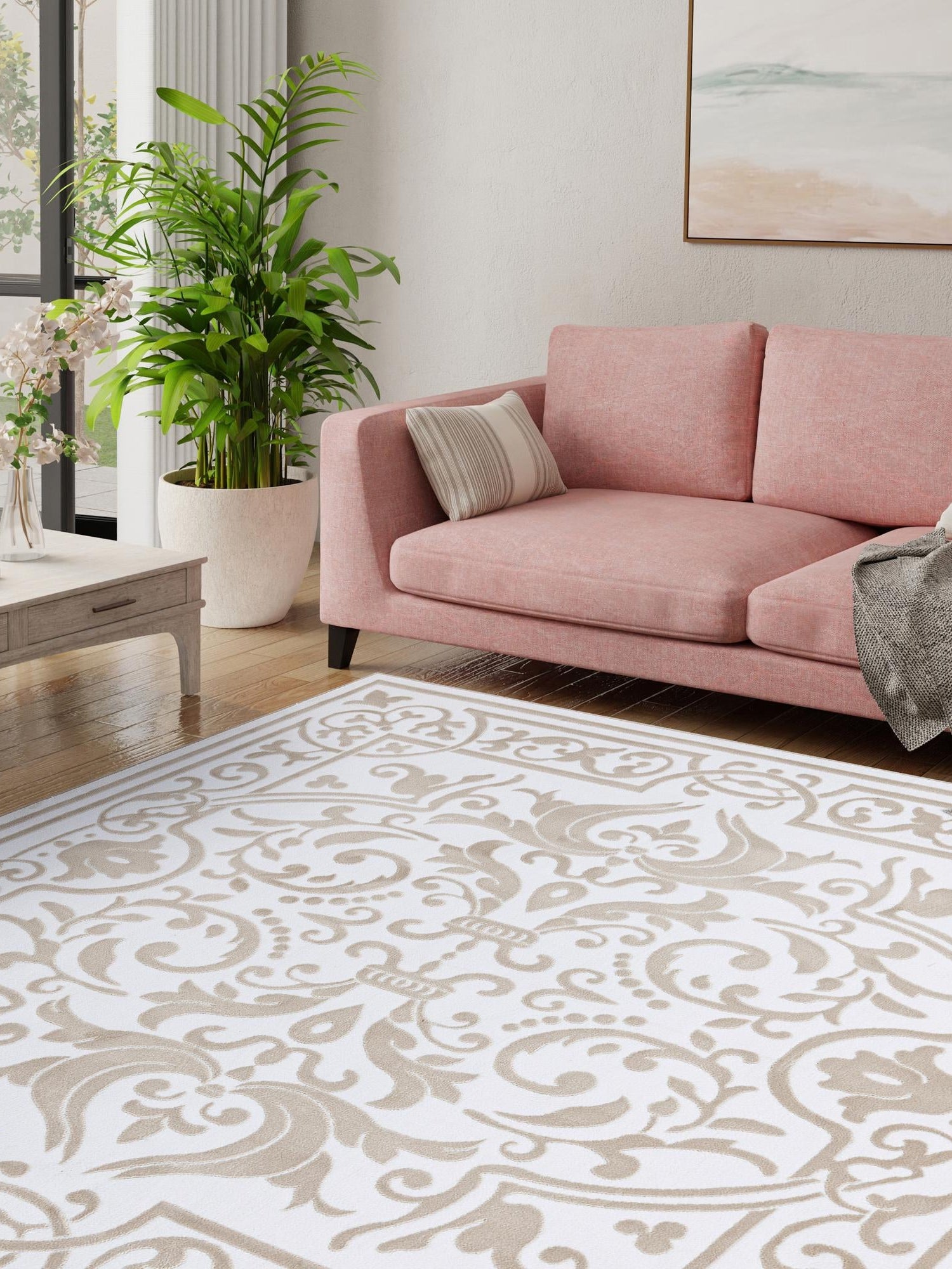 Snow White 3' 3 x 3' 3 Hermitage Square Area Rug 55% Polypropylene & 45% Polyester Easy Clean Stain-Resistant Carpet for Living, Office, Dorm Rooms for Sale at Rug Engine