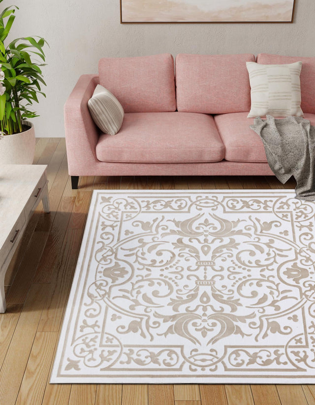 Snow White 7' 10 x 7' 10 Hermitage Square Area Rug 55% Polypropylene & 45% Polyester Easy Clean Stain-Resistant Carpet for Living, Office, Dorm Rooms for Sale at Rug Engine