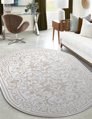 Snow White 2' x 3' Hermitage Oval Area Rug 55% Polypropylene & 45% Polyester Easy Clean Stain-Resistant Carpet for Living, Office, Dorm Rooms for Sale at Rug Engine