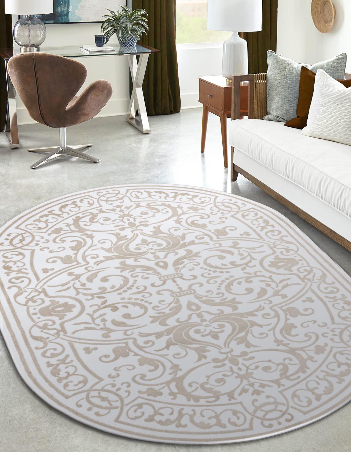 Snow White 7' x 10' Hermitage Oval Area Rug 55% Polypropylene & 45% Polyester Easy Clean Stain-Resistant Carpet for Living, Office, Dorm Rooms for Sale at Rug Engine