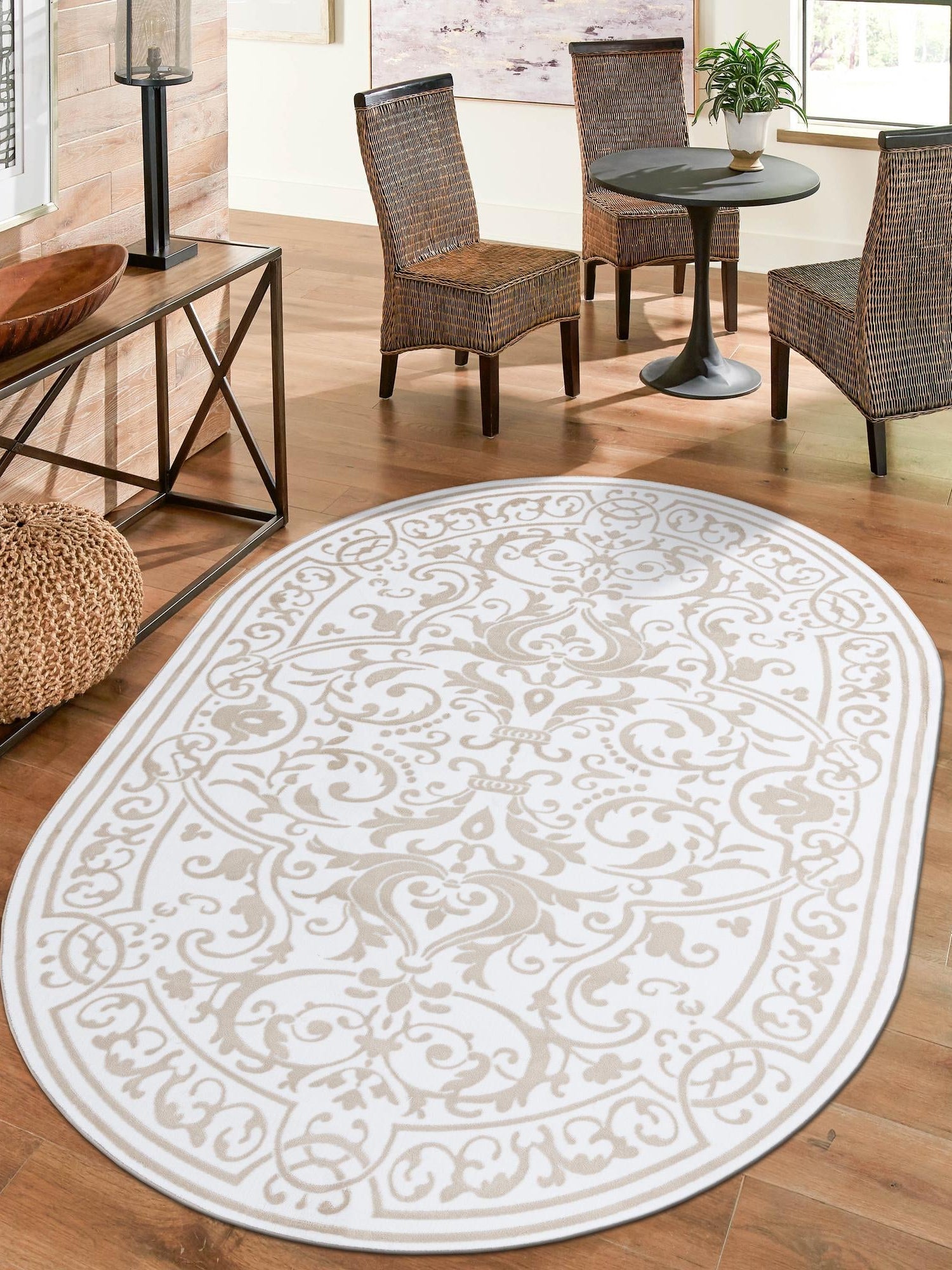 Snow White 7' x 10' Hermitage Oval Area Rug 55% Polypropylene & 45% Polyester Easy Clean Stain-Resistant Carpet for Living, Office, Dorm Rooms for Sale at Rug Engine