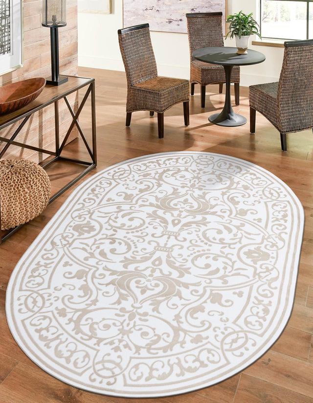 Snow White 7' x 10' Hermitage Oval Area Rug 55% Polypropylene & 45% Polyester Easy Clean Stain-Resistant Carpet for Living, Office, Dorm Rooms for Sale at Rug Engine
