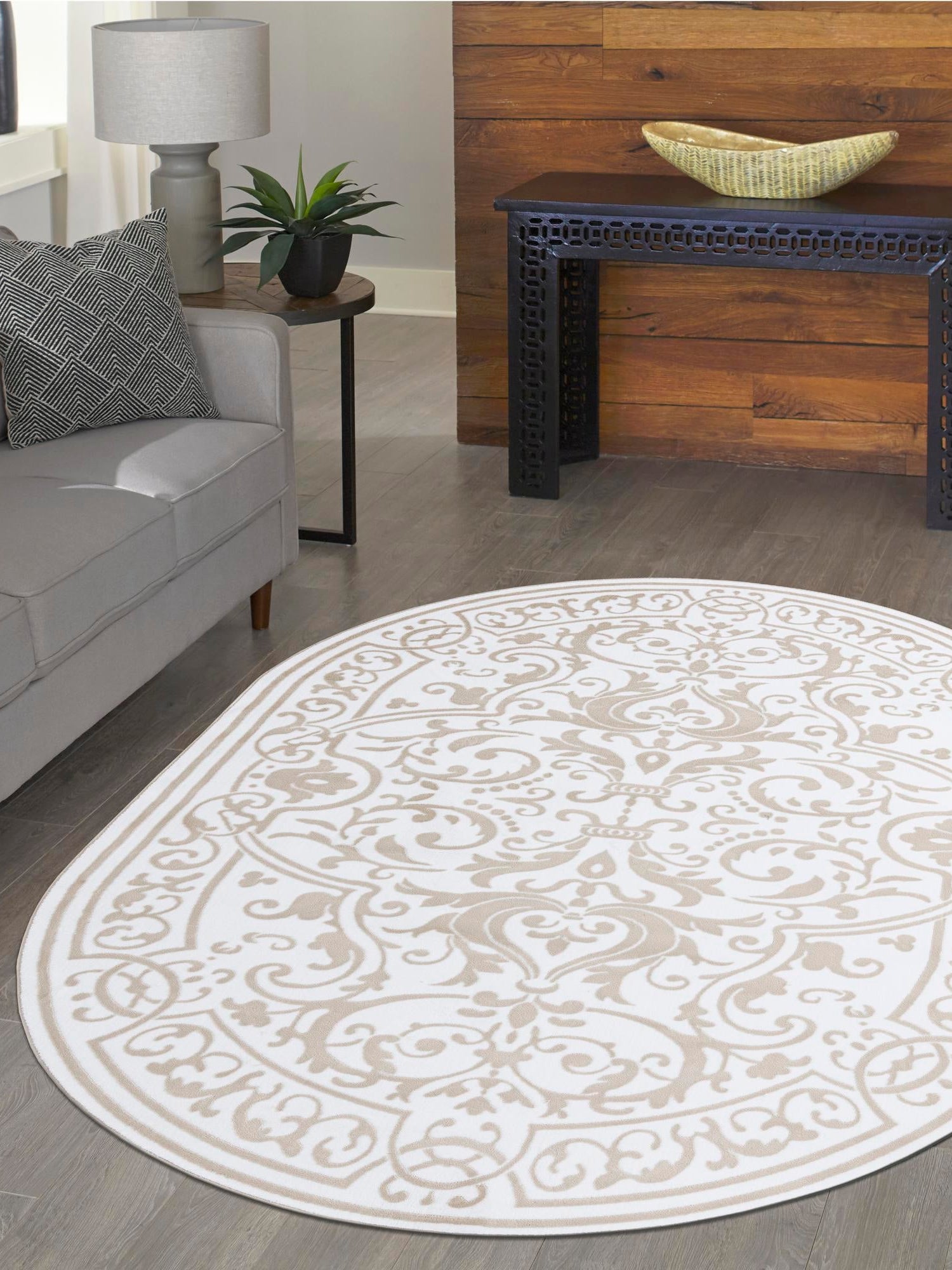 Snow White 7' x 10' Hermitage Oval Area Rug 55% Polypropylene & 45% Polyester Easy Clean Stain-Resistant Carpet for Living, Office, Dorm Rooms for Sale at Rug Engine