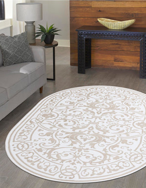 Snow White 7' x 10' Hermitage Oval Area Rug 55% Polypropylene & 45% Polyester Easy Clean Stain-Resistant Carpet for Living, Office, Dorm Rooms for Sale at Rug Engine
