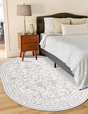 Snow White 7' x 10' Hermitage Oval Area Rug 55% Polypropylene & 45% Polyester Easy Clean Stain-Resistant Carpet for Living, Office, Dorm Rooms for Sale at Rug Engine