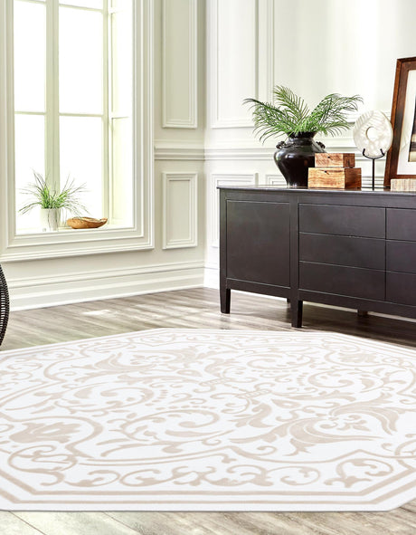Snow White 5' 3 x 5' 3 Hermitage Octagon Area Rug 55% Polypropylene & 45% Polyester Easy Clean Stain-Resistant Carpet for Living, Office, Dorm Rooms for Sale at Rug Engine