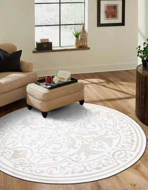 Snow White 6' x 6' Hermitage Round Area Rug 55% Polypropylene & 45% Polyester Easy Clean Stain-Resistant Carpet for Living, Office, Dorm Rooms for Sale at Rug Engine