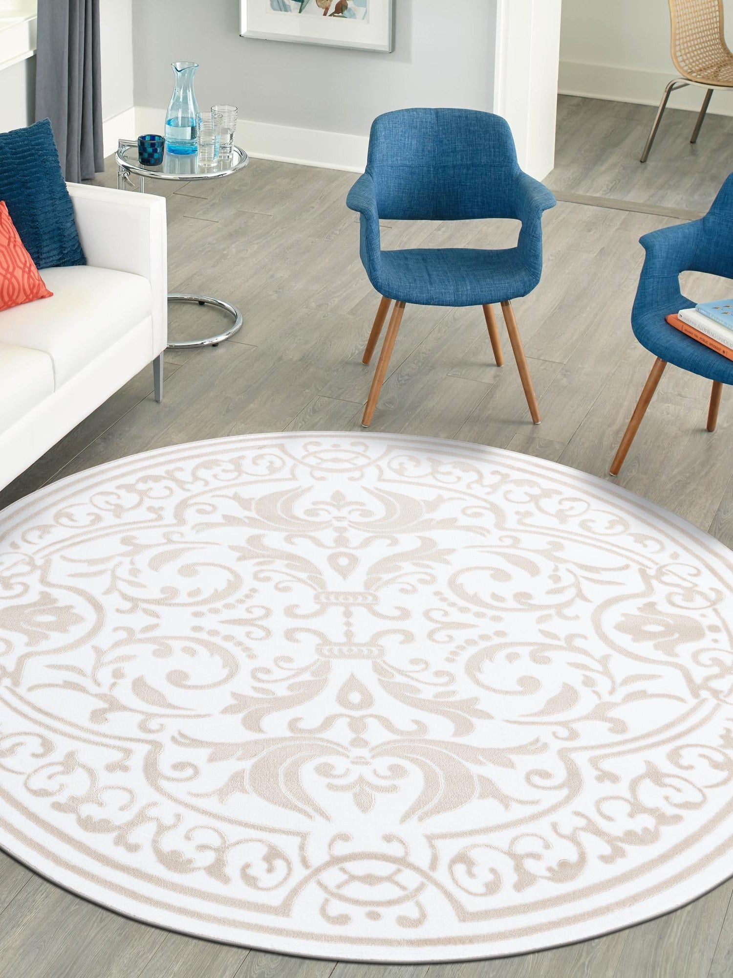 Snow White 6' x 6' Hermitage Round Area Rug 55% Polypropylene & 45% Polyester Easy Clean Stain-Resistant Carpet for Living, Office, Dorm Rooms for Sale at Rug Engine