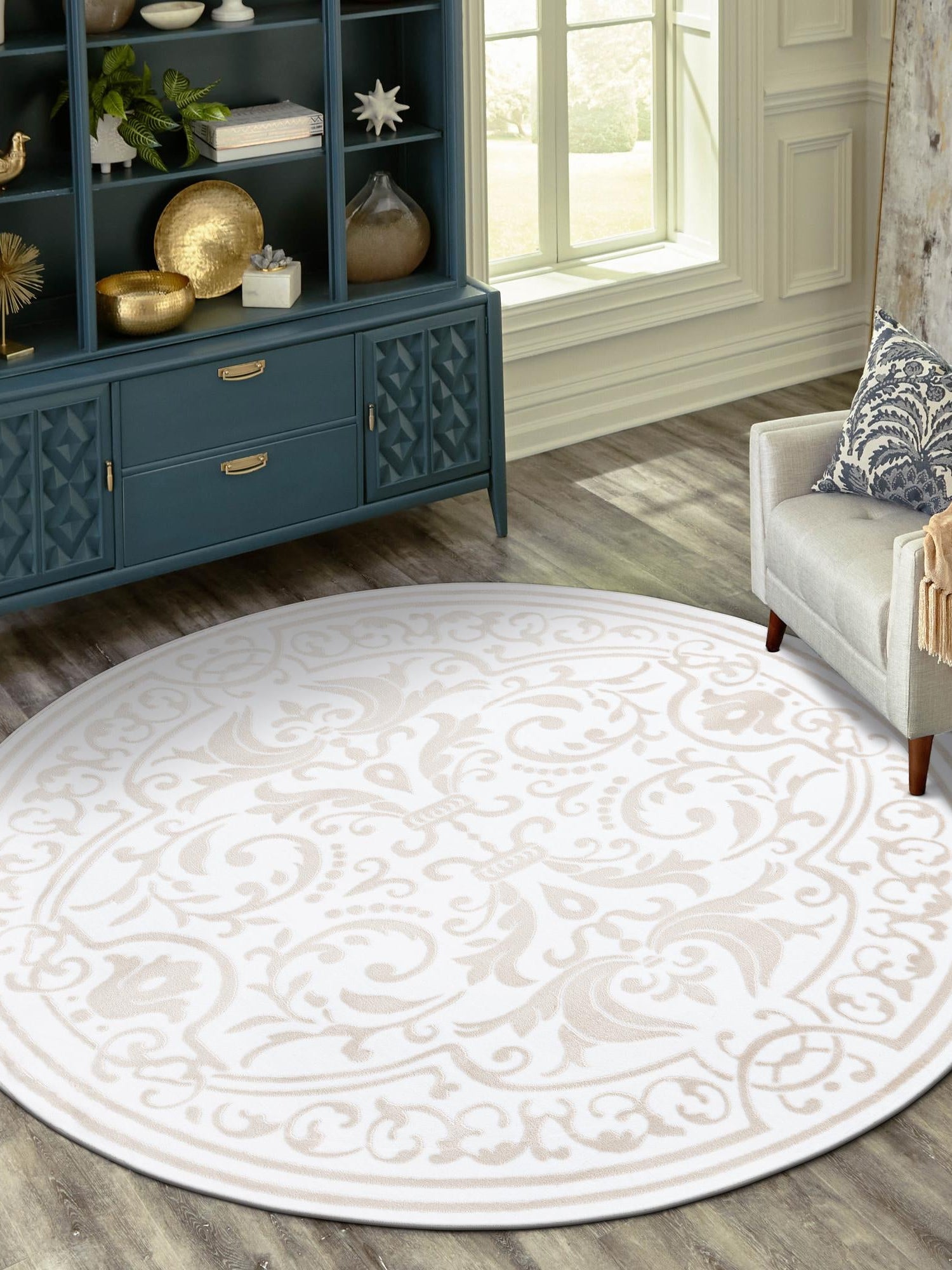 Snow White 7' 10 x 7' 10 Hermitage Round Area Rug 55% Polypropylene & 45% Polyester Easy Clean Stain-Resistant Carpet for Living, Office, Dorm Rooms for Sale at Rug Engine