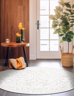 Snow White 7' 10 x 7' 10 Hermitage Round Area Rug 55% Polypropylene & 45% Polyester Easy Clean Stain-Resistant Carpet for Living, Office, Dorm Rooms for Sale at Rug Engine
