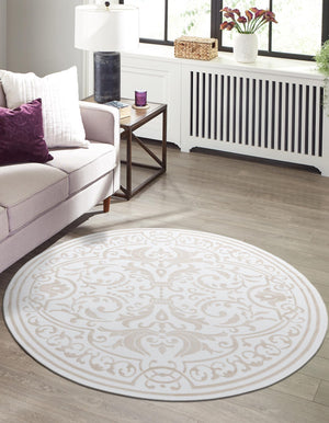 Snow White 6' x 6' Hermitage Round Area Rug 55% Polypropylene & 45% Polyester Easy Clean Stain-Resistant Carpet for Living, Office, Dorm Rooms for Sale at Rug Engine
