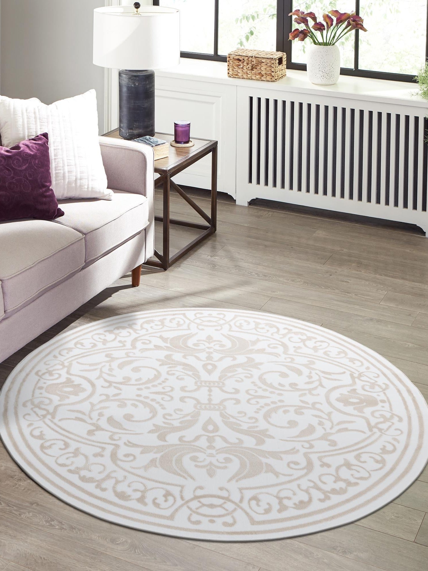 Snow White 7' 10 x 7' 10 Hermitage Round Area Rug 55% Polypropylene & 45% Polyester Easy Clean Stain-Resistant Carpet for Living, Office, Dorm Rooms for Sale at Rug Engine