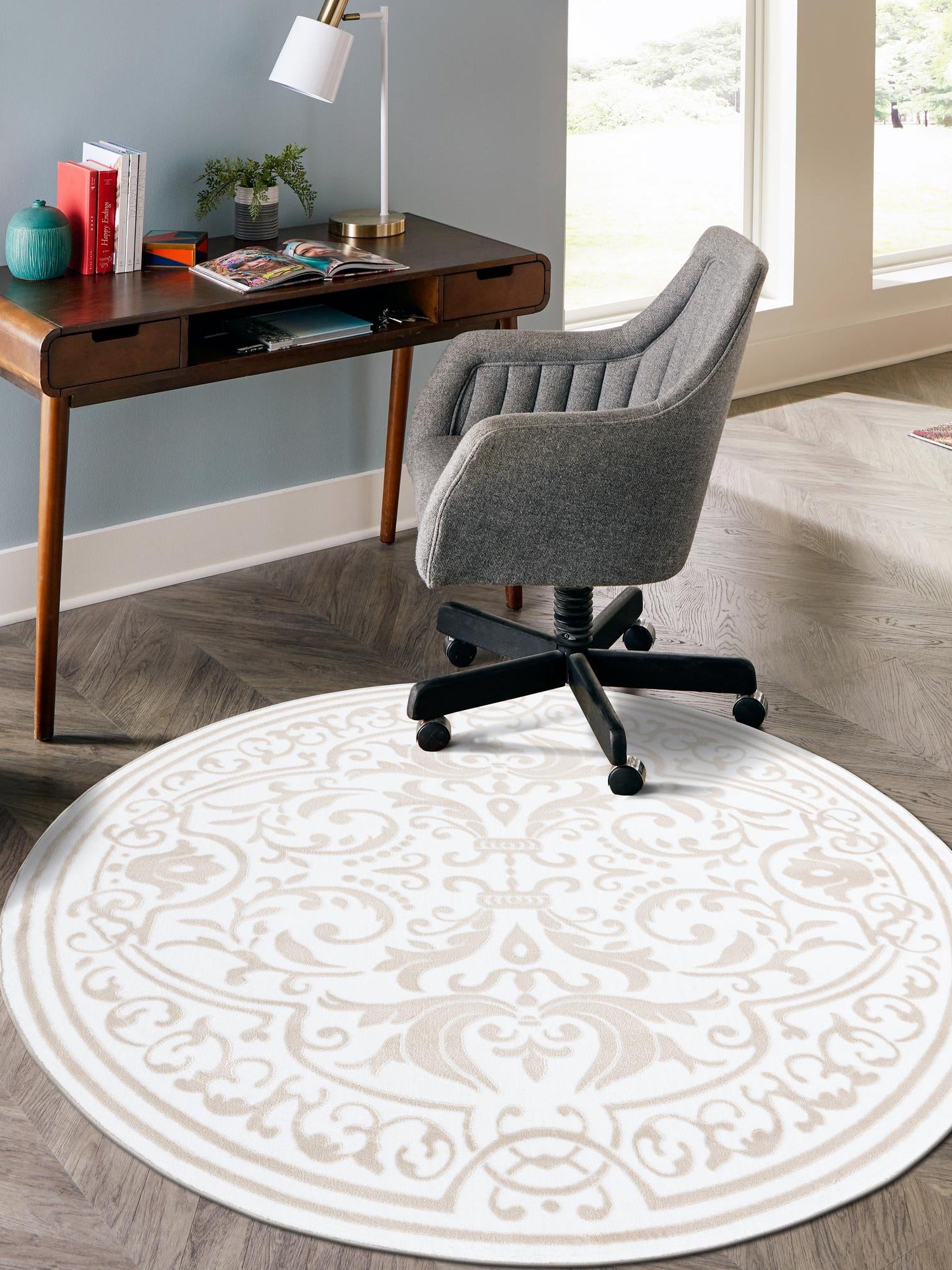 Snow White 7' 10 x 7' 10 Hermitage Round Area Rug 55% Polypropylene & 45% Polyester Easy Clean Stain-Resistant Carpet for Living, Office, Dorm Rooms for Sale at Rug Engine