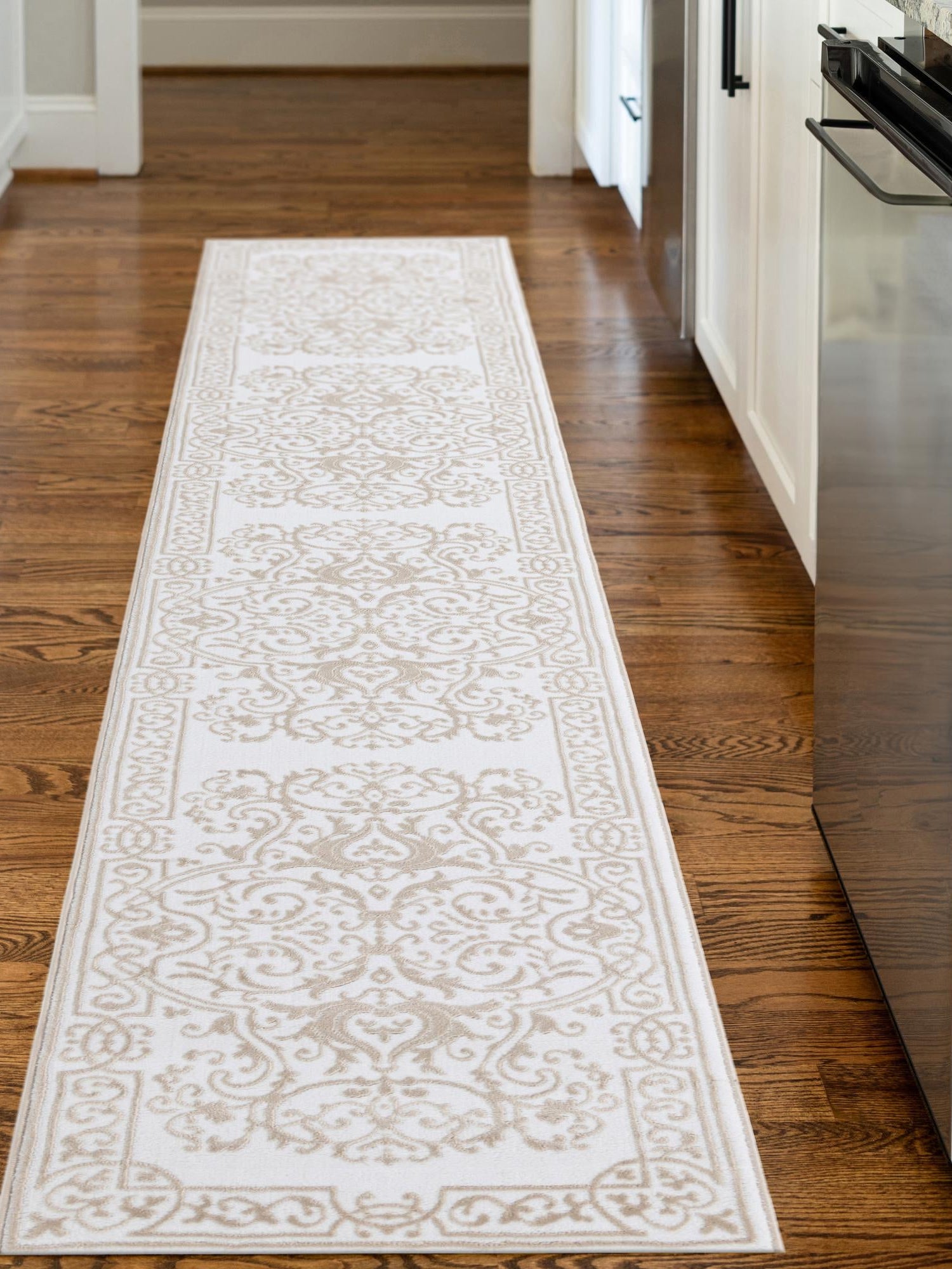 Snow White 2' 6 x 10' Hermitage Runner Area Rug 55% Polypropylene & 45% Polyester Easy Clean Stain-Resistant Carpet for Living, Office, Dorm Rooms for Sale at Rug Engine