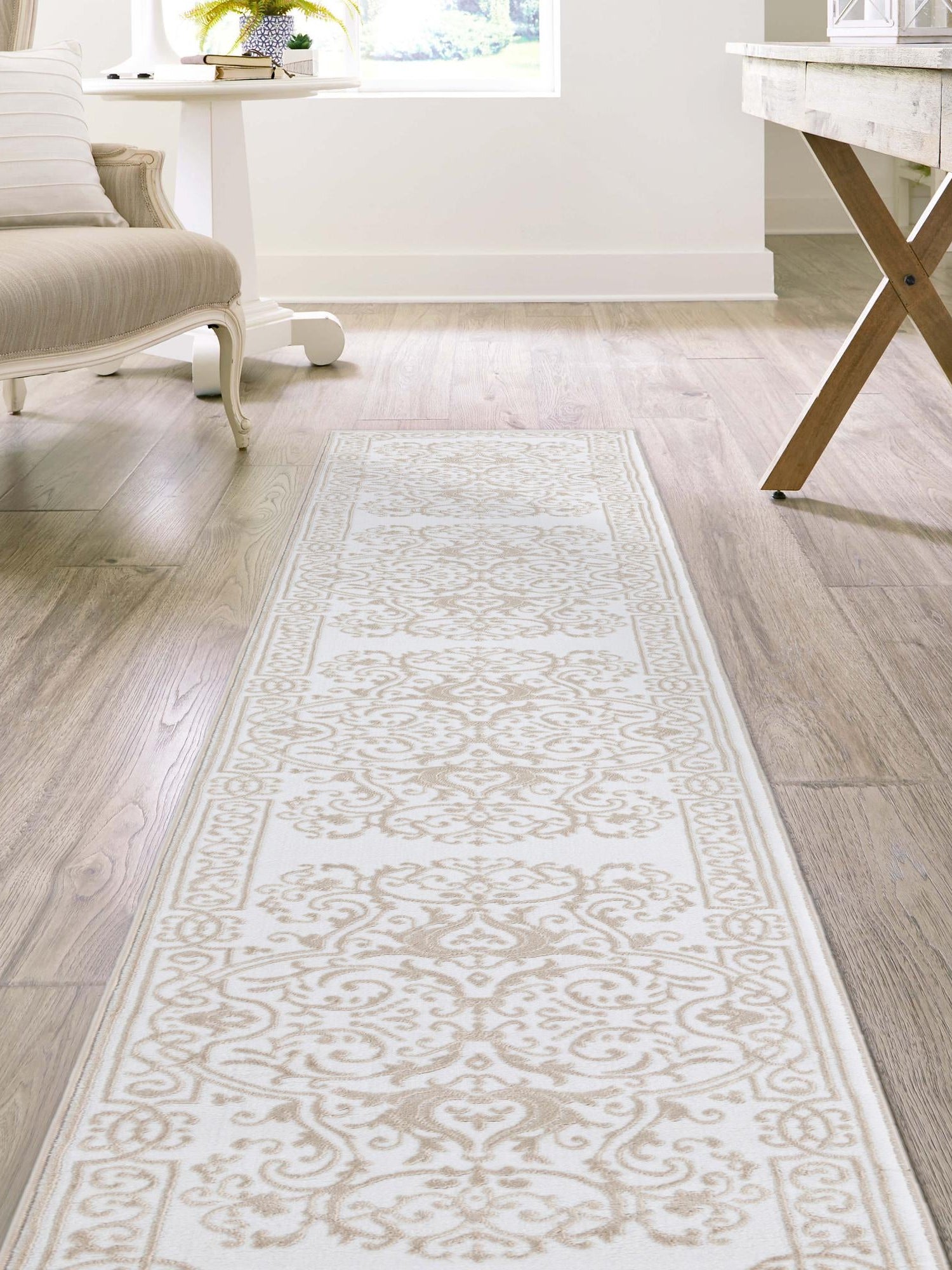 Snow White 2' 6 x 10' Hermitage Runner Area Rug 55% Polypropylene & 45% Polyester Easy Clean Stain-Resistant Carpet for Living, Office, Dorm Rooms for Sale at Rug Engine