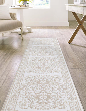 Snow White 2' 6 x 10' Hermitage Runner Area Rug 55% Polypropylene & 45% Polyester Easy Clean Stain-Resistant Carpet for Living, Office, Dorm Rooms for Sale at Rug Engine