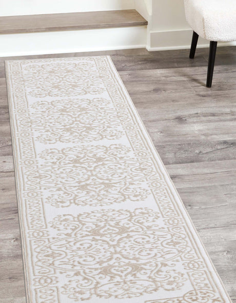 Snow White 2' 6 x 10' Hermitage Runner Area Rug 55% Polypropylene & 45% Polyester Easy Clean Stain-Resistant Carpet for Living, Office, Dorm Rooms for Sale at Rug Engine