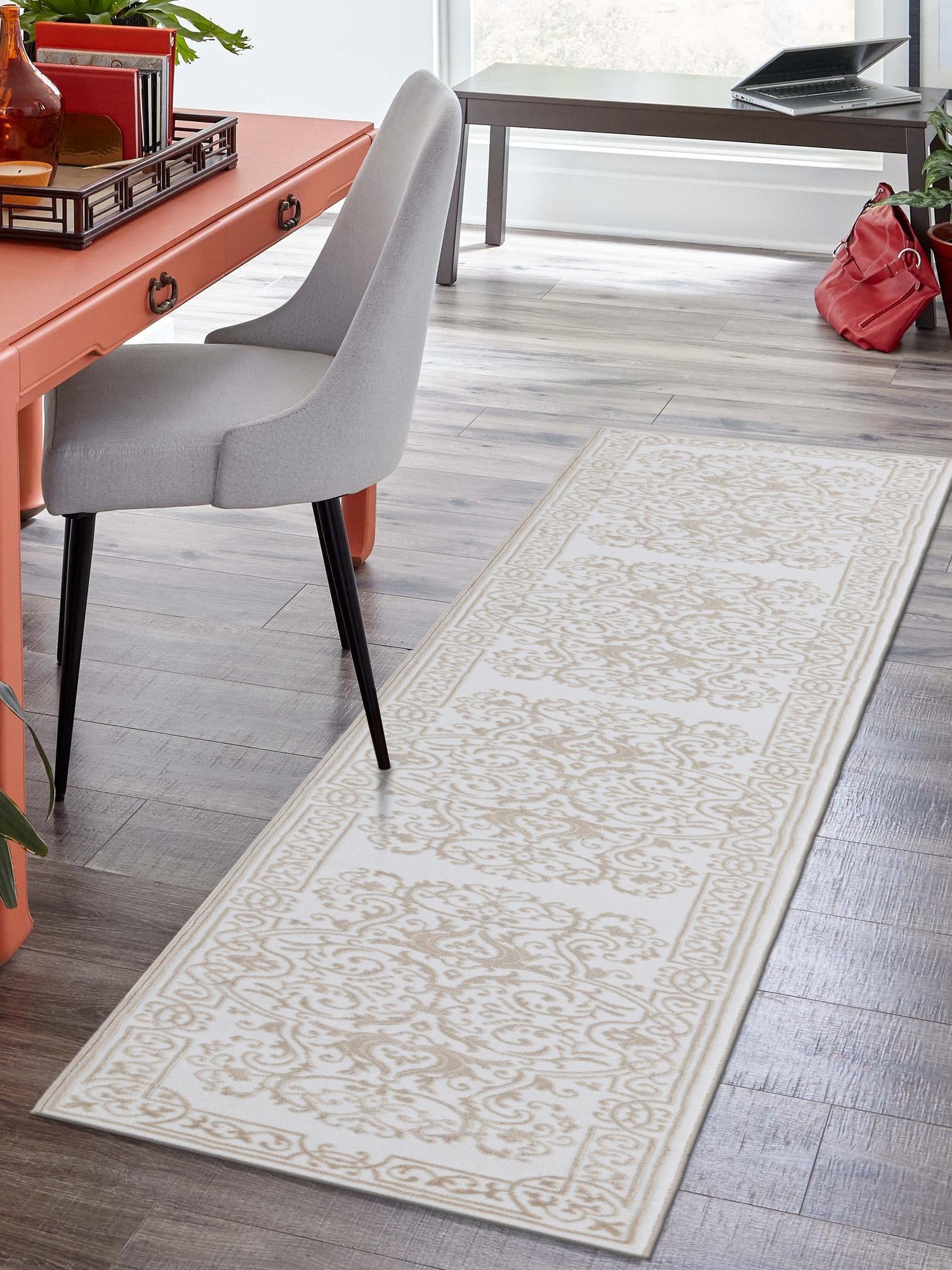 Snow White 2' 6 x 10' Hermitage Runner Area Rug 55% Polypropylene & 45% Polyester Easy Clean Stain-Resistant Carpet for Living, Office, Dorm Rooms for Sale at Rug Engine