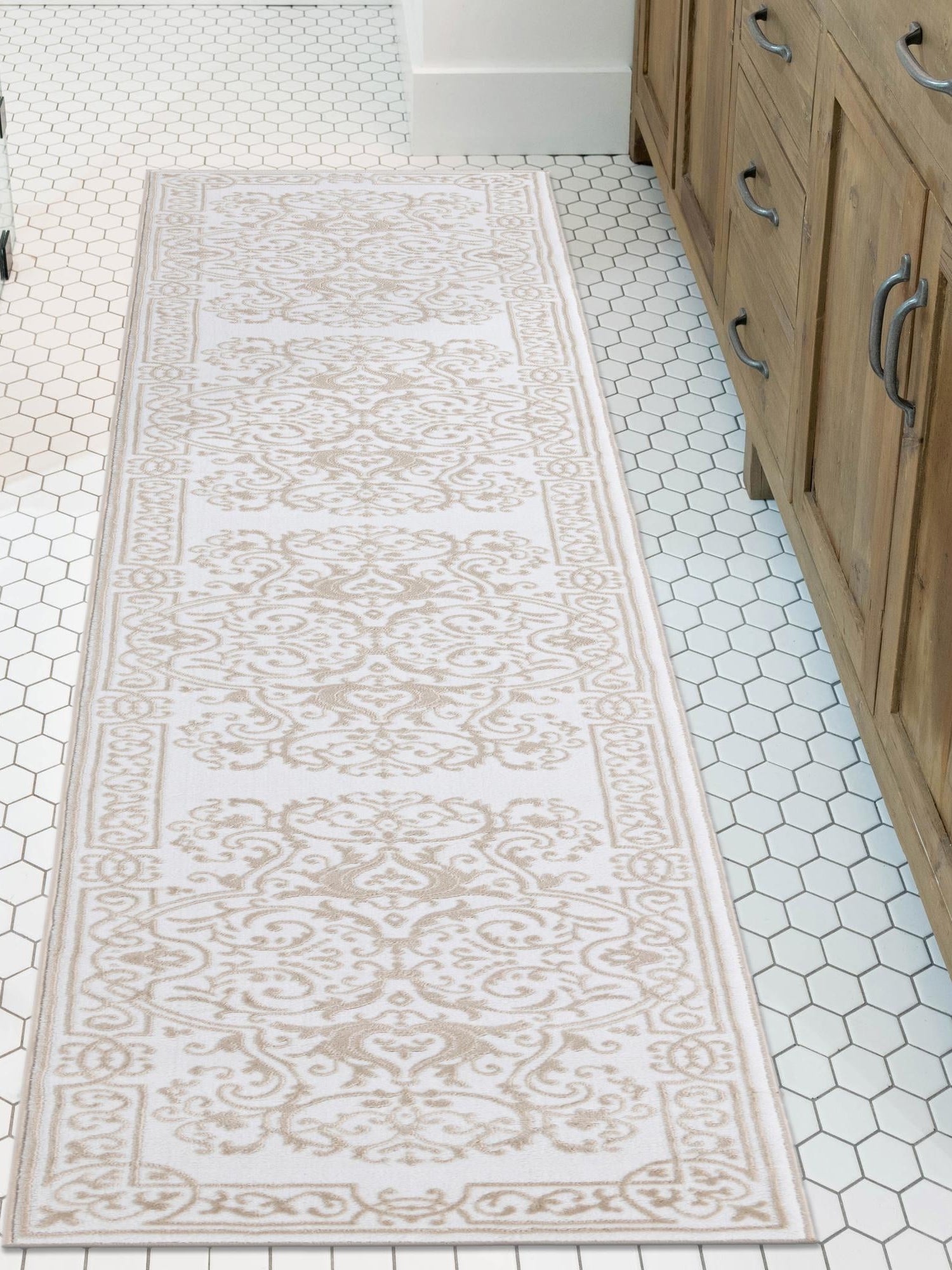 Snow White 2' 6 x 10' Hermitage Runner Area Rug 55% Polypropylene & 45% Polyester Easy Clean Stain-Resistant Carpet for Living, Office, Dorm Rooms for Sale at Rug Engine