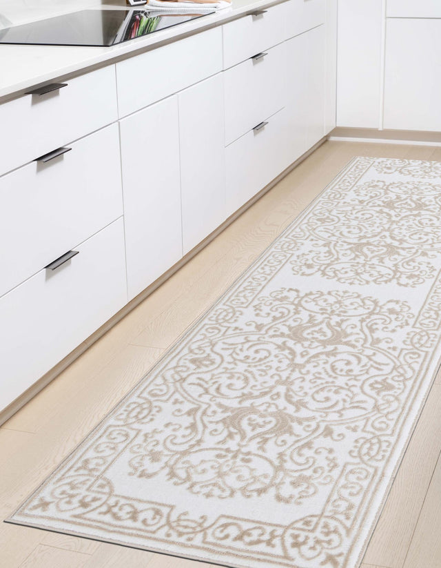 Snow White 2' 6 x 14' Hermitage Runner Area Rug 55% Polypropylene & 45% Polyester Easy Clean Stain-Resistant Carpet for Living, Office, Dorm Rooms for Sale at Rug Engine