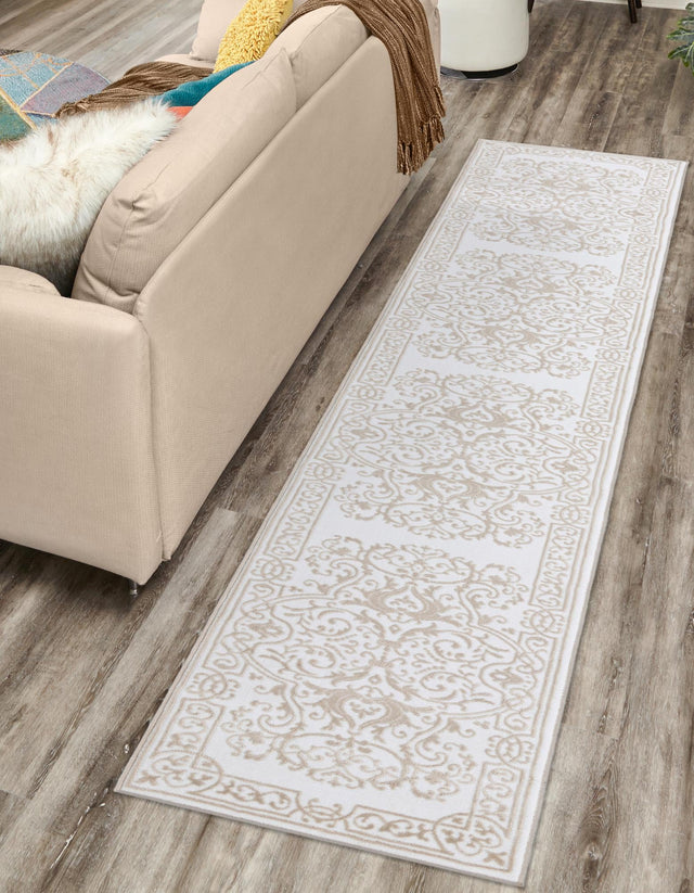 Snow White 2' 6 x 14' Hermitage Runner Area Rug 55% Polypropylene & 45% Polyester Easy Clean Stain-Resistant Carpet for Living, Office, Dorm Rooms for Sale at Rug Engine