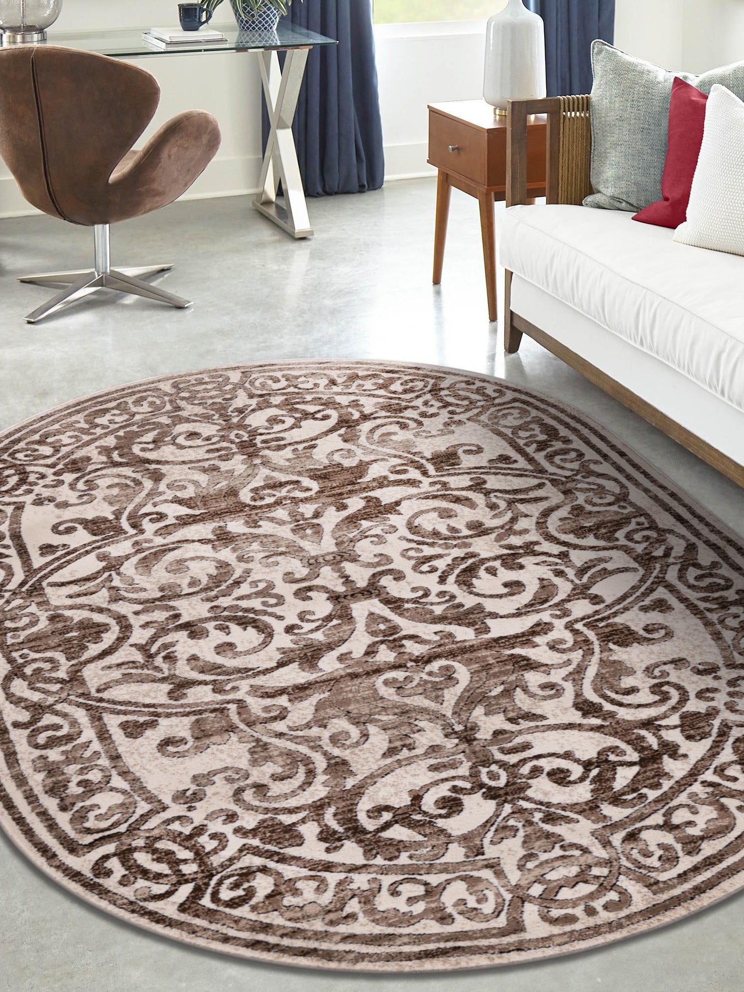 Chocolate Brown 5' 3 x 8' Hermitage Oval Area Rug 55% Polypropylene & 45% Polyester Easy Clean Stain-Resistant Carpet for Living, Office, Dorm Rooms for Sale at Rug Engine