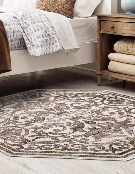 Chocolate Brown 7' 10 x 7' 10 Hermitage Octagon Area Rug 55% Polypropylene & 45% Polyester Easy Clean Stain-Resistant Carpet for Living, Office, Dorm Rooms for Sale at Rug Engine