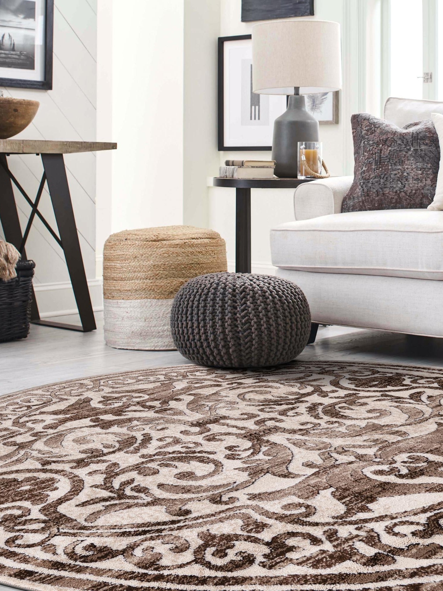 Chocolate Brown 6' x 6' Hermitage Round Area Rug 55% Polypropylene & 45% Polyester Easy Clean Stain-Resistant Carpet for Living, Office, Dorm Rooms for Sale at Rug Engine