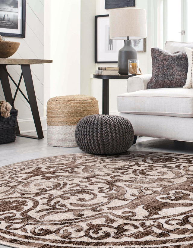 Chocolate Brown 6' x 6' Hermitage Round Area Rug 55% Polypropylene & 45% Polyester Easy Clean Stain-Resistant Carpet for Living, Office, Dorm Rooms for Sale at Rug Engine