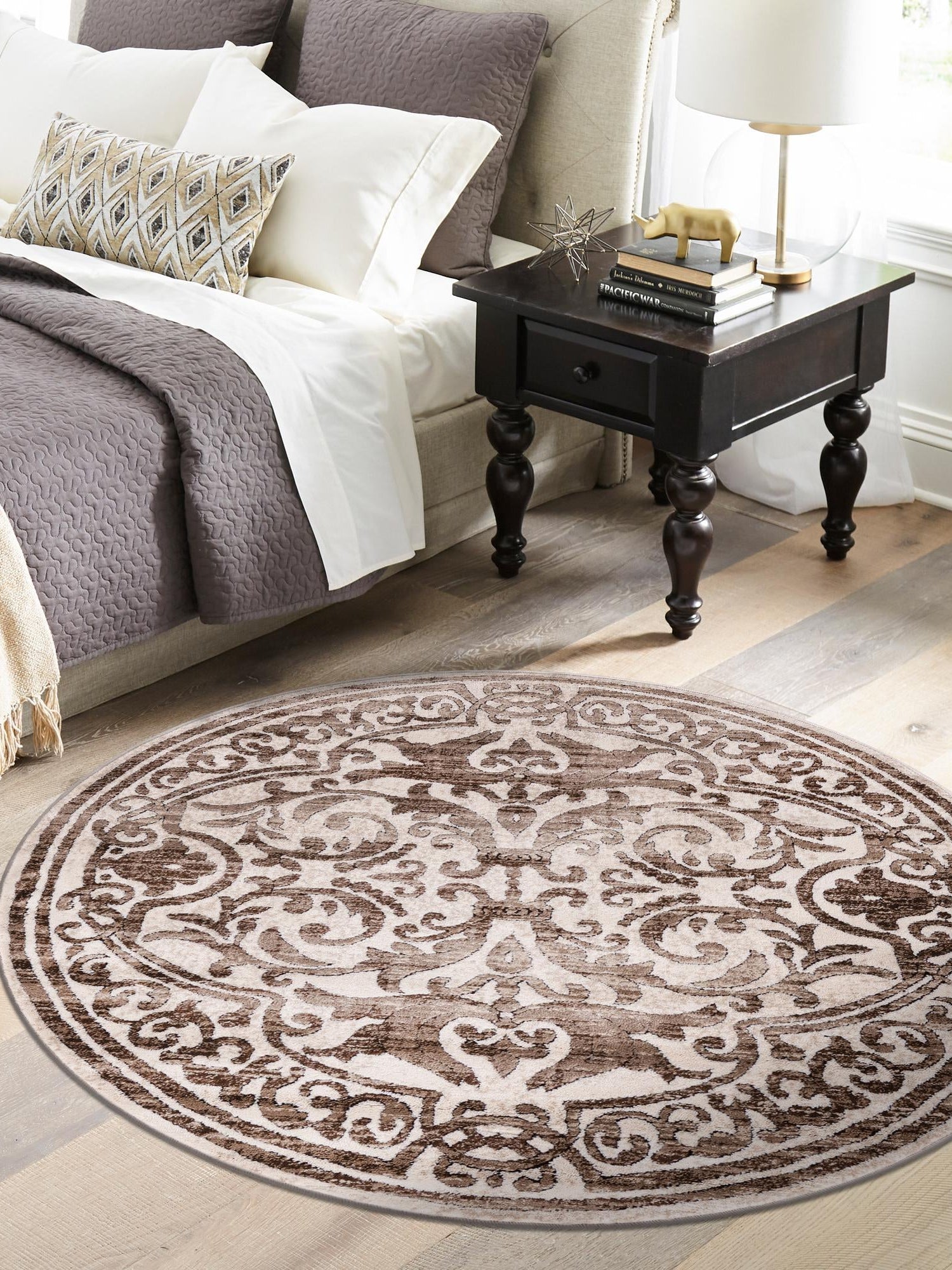 Chocolate Brown 6' x 6' Hermitage Round Area Rug 55% Polypropylene & 45% Polyester Easy Clean Stain-Resistant Carpet for Living, Office, Dorm Rooms for Sale at Rug Engine