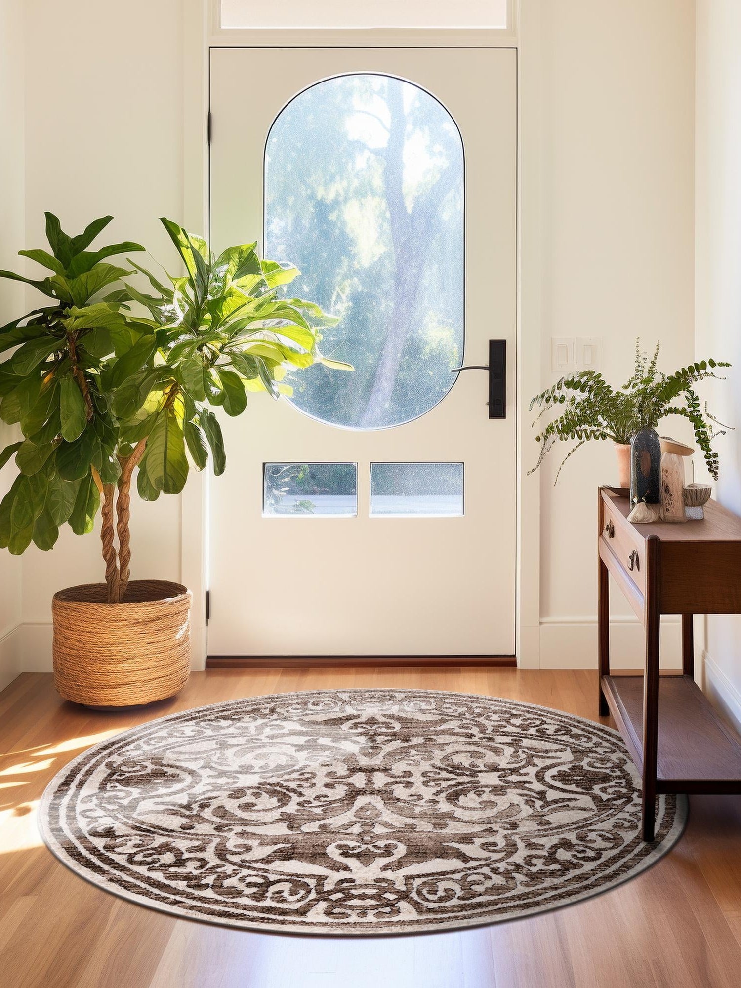 Chocolate Brown 7' 10 x 7' 10 Hermitage Round Area Rug 55% Polypropylene & 45% Polyester Easy Clean Stain-Resistant Carpet for Living, Office, Dorm Rooms for Sale at Rug Engine