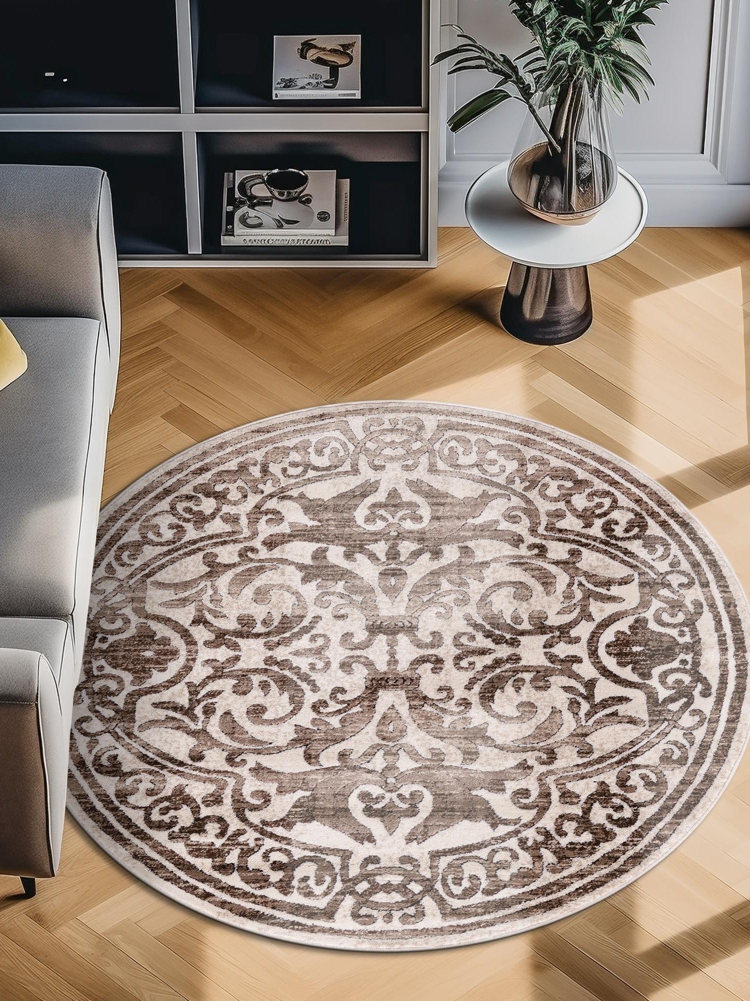 Chocolate Brown 7' 10 x 7' 10 Hermitage Round Area Rug 55% Polypropylene & 45% Polyester Easy Clean Stain-Resistant Carpet for Living, Office, Dorm Rooms for Sale at Rug Engine