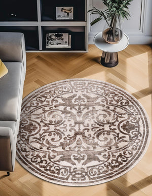 Chocolate Brown 10' 8 x 10' 8 Hermitage Round Area Rug 55% Polypropylene & 45% Polyester Easy Clean Stain-Resistant Carpet for Living, Office, Dorm Rooms for Sale at Rug Engine