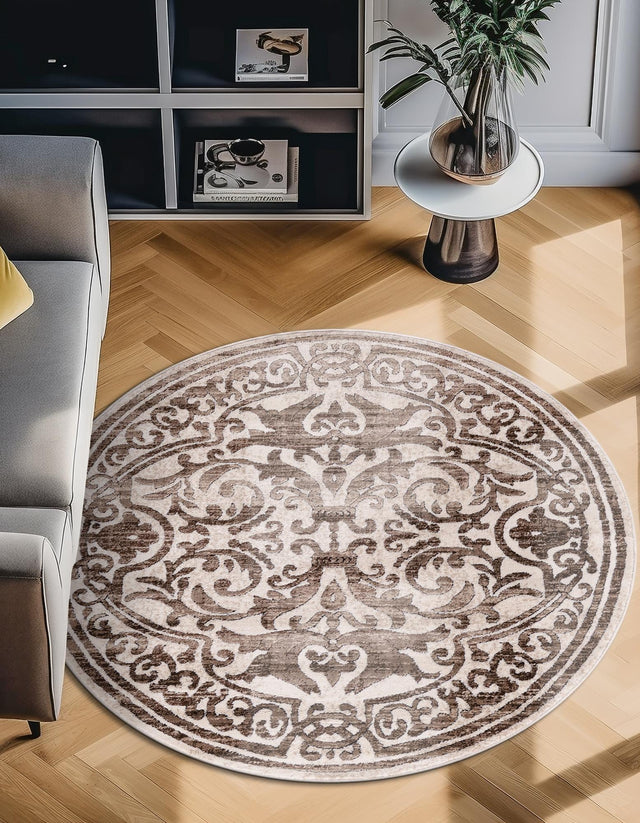 Chocolate Brown 10' 8 x 10' 8 Hermitage Round Area Rug 55% Polypropylene & 45% Polyester Easy Clean Stain-Resistant Carpet for Living, Office, Dorm Rooms for Sale at Rug Engine