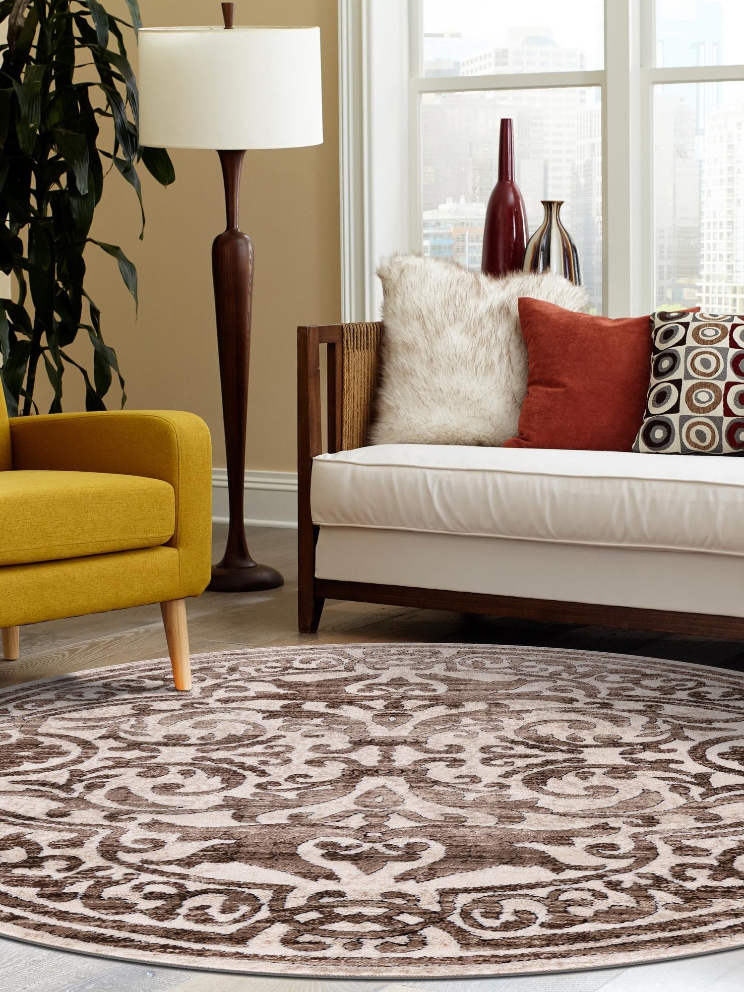 Chocolate Brown 10' 8 x 10' 8 Hermitage Round Area Rug 55% Polypropylene & 45% Polyester Easy Clean Stain-Resistant Carpet for Living, Office, Dorm Rooms for Sale at Rug Engine