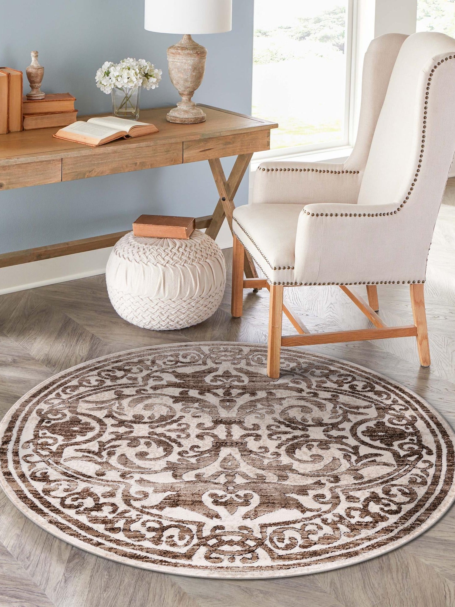 Chocolate Brown 6' x 6' Hermitage Round Area Rug 55% Polypropylene & 45% Polyester Easy Clean Stain-Resistant Carpet for Living, Office, Dorm Rooms for Sale at Rug Engine