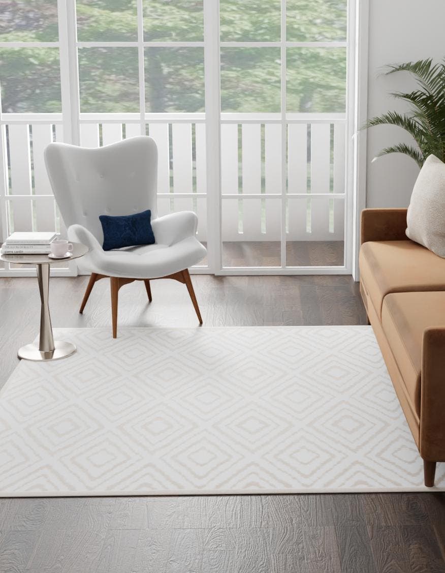 Snow White 5' 3 x 5' 3 Hermitage Square Area Rug 55% Polypropylene & 45% Polyester Easy Clean Stain-Resistant Carpet for Living, Office, Dorm Rooms for Sale at Rug Engine