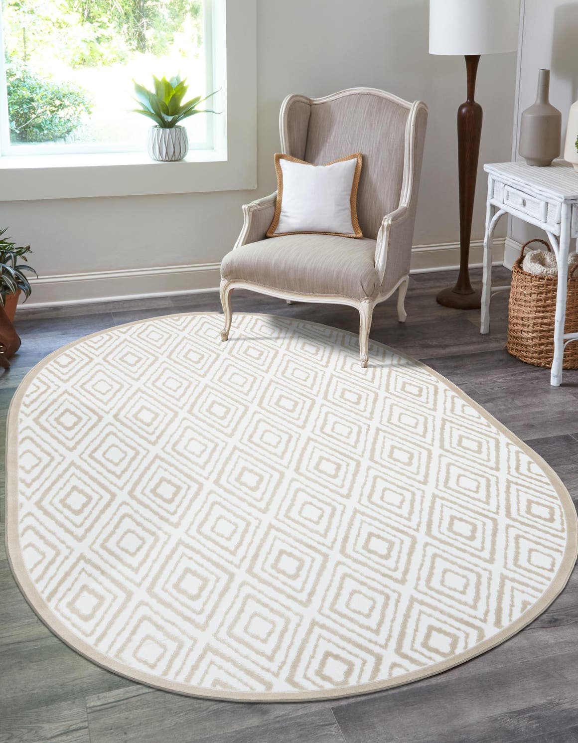 Snow White 7' 10 x 10' Hermitage Oval Area Rug 55% Polypropylene & 45% Polyester Easy Clean Stain-Resistant Carpet for Living, Office, Dorm Rooms for Sale at Rug Engine