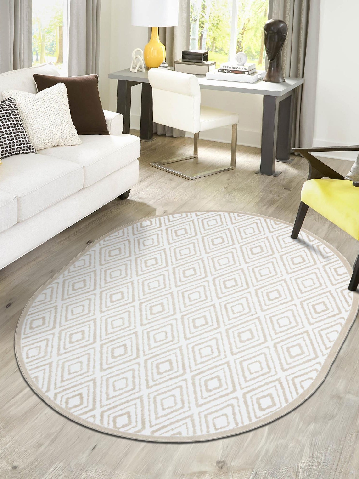 Snow White 7' 10 x 10' Hermitage Oval Area Rug 55% Polypropylene & 45% Polyester Easy Clean Stain-Resistant Carpet for Living, Office, Dorm Rooms for Sale at Rug Engine