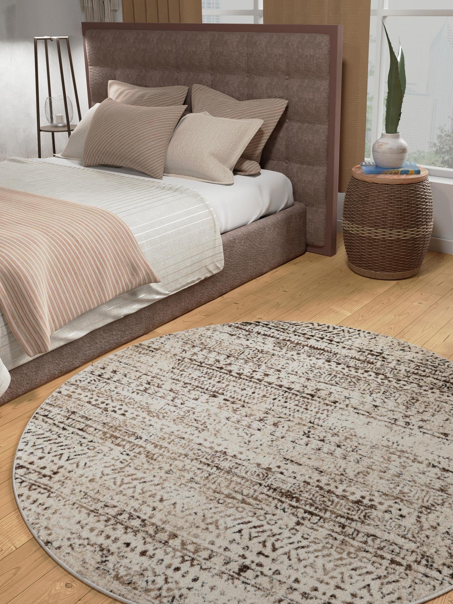 Chocolate Brown 7' 10 x 7' 10 Hermitage Round Area Rug 55% Polypropylene & 45% Polyester Easy Clean Stain-Resistant Carpet for Living, Office, Dorm Rooms for Sale at Rug Engine