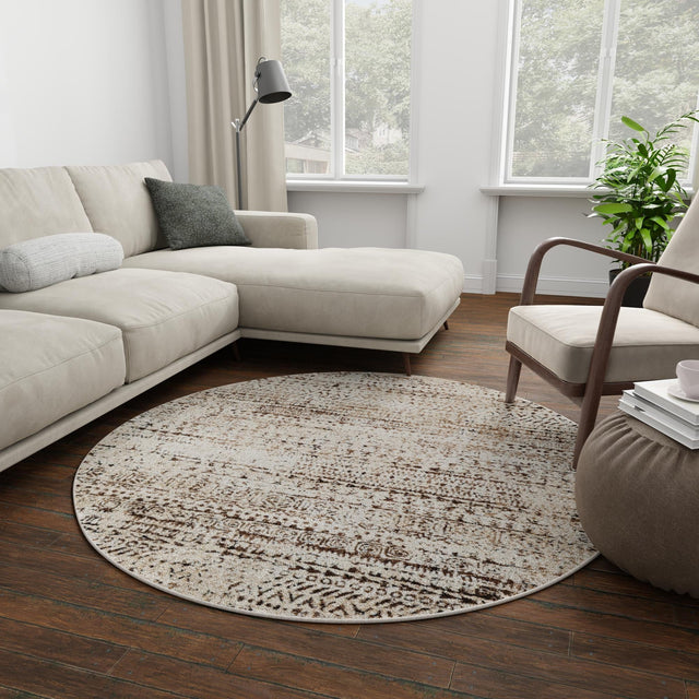 Chocolate Brown 7' 1 x 7' 1 Hermitage Round Area Rug 55% Polypropylene & 45% Polyester Easy Clean Stain-Resistant Carpet for Living, Office, Dorm Rooms for Sale at Rug Engine