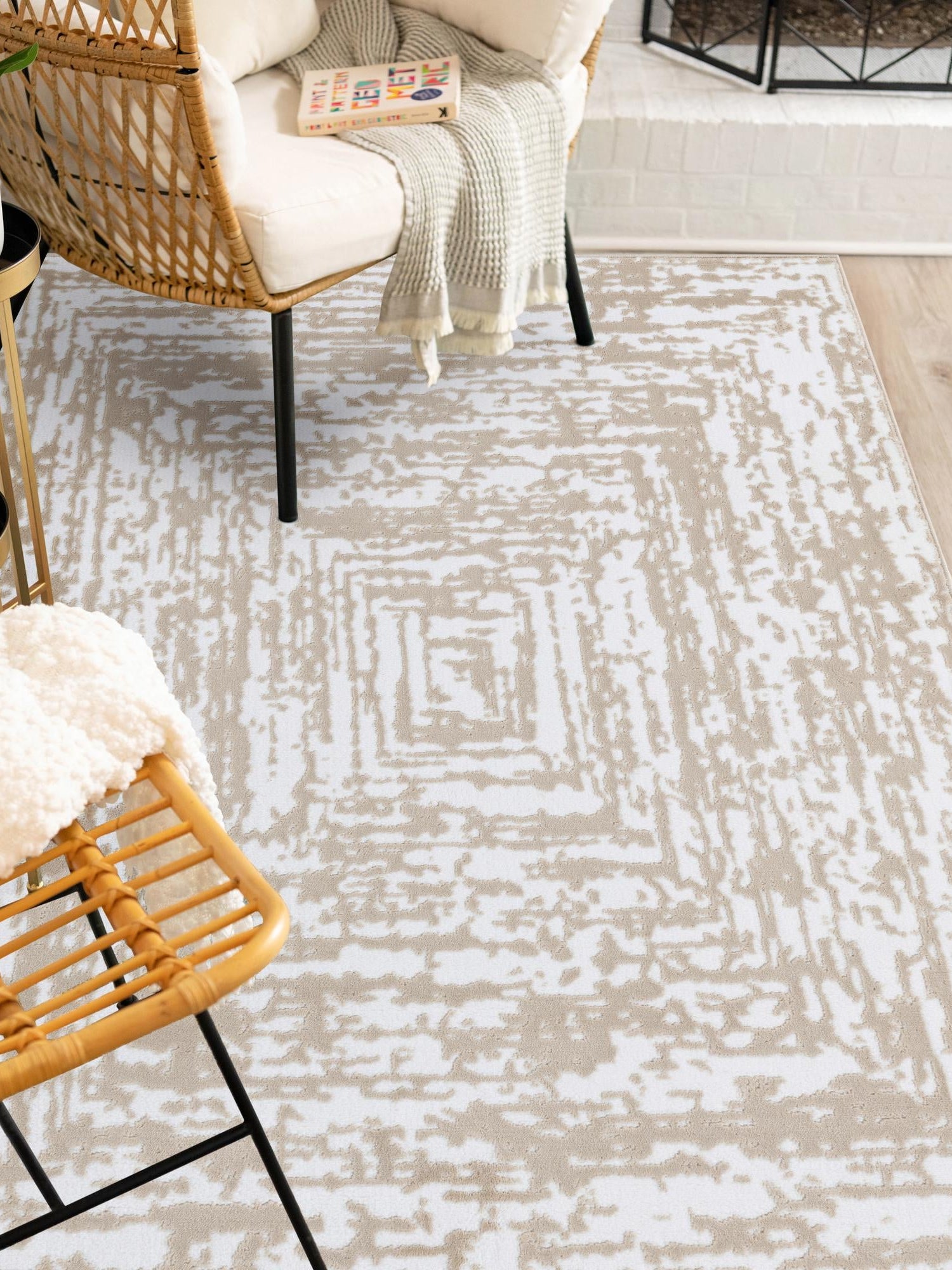 White Bone 6' x 9' Hermitage Rectangle Area Rug 55% Polypropylene & 45% Polyester Easy Clean Stain-Resistant Carpet for Living, Office, Dorm Rooms for Sale at Rug Engine