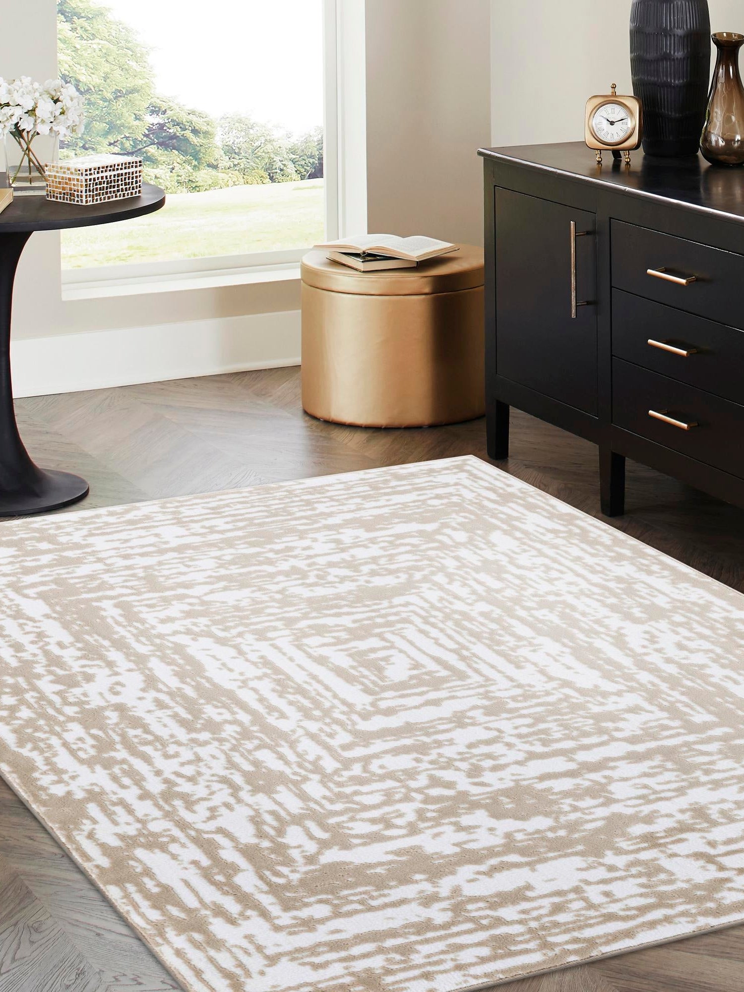 White Bone 7' x 10' Hermitage Rectangle Area Rug 55% Polypropylene & 45% Polyester Easy Clean Stain-Resistant Carpet for Living, Office, Dorm Rooms for Sale at Rug Engine