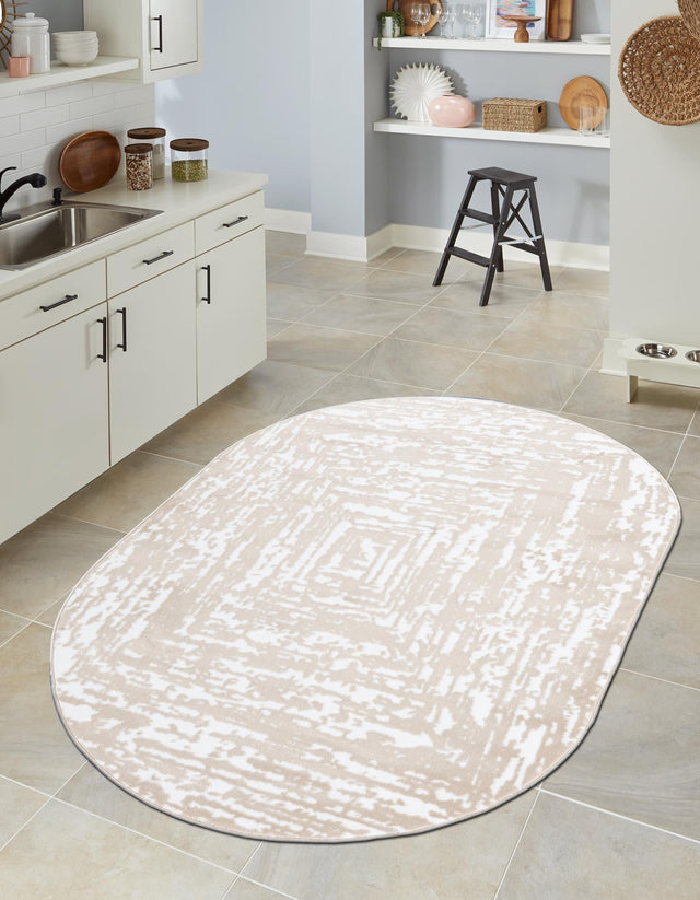 White Bone 5' 3 x 8' Hermitage Oval Area Rug 55% Polypropylene & 45% Polyester Easy Clean Stain-Resistant Carpet for Living, Office, Dorm Rooms for Sale at Rug Engine