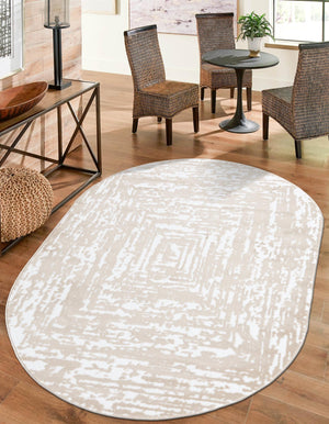 White Bone 5' 3 x 8' Hermitage Oval Area Rug 55% Polypropylene & 45% Polyester Easy Clean Stain-Resistant Carpet for Living, Office, Dorm Rooms for Sale at Rug Engine