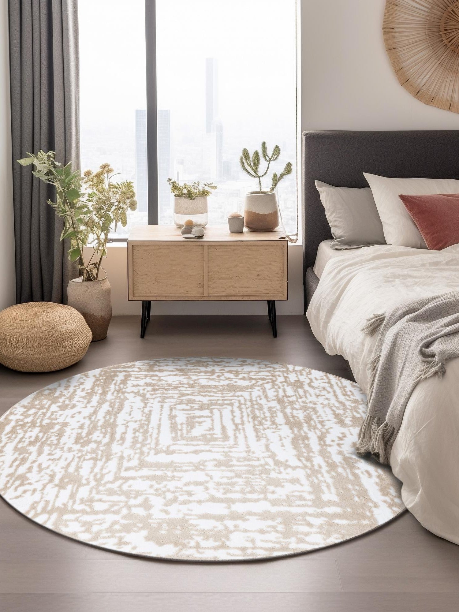 White Bone 4' x 4' Hermitage Round Area Rug 55% Polypropylene & 45% Polyester Easy Clean Stain-Resistant Carpet for Living, Office, Dorm Rooms for Sale at Rug Engine