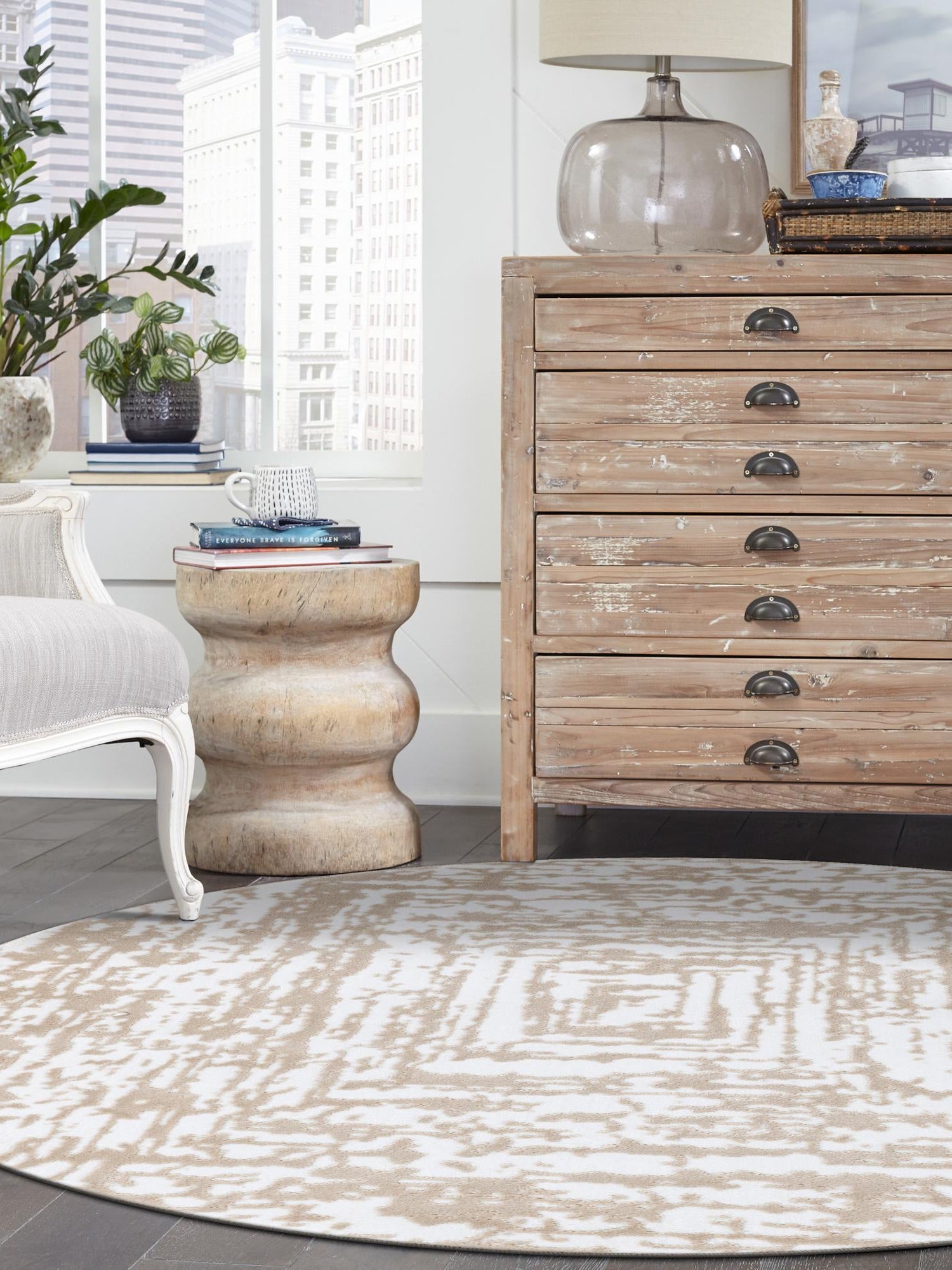 White Bone 4' x 4' Hermitage Round Area Rug 55% Polypropylene & 45% Polyester Easy Clean Stain-Resistant Carpet for Living, Office, Dorm Rooms for Sale at Rug Engine
