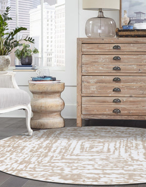 White Bone 7' 10 x 7' 10 Hermitage Round Area Rug 55% Polypropylene & 45% Polyester Easy Clean Stain-Resistant Carpet for Living, Office, Dorm Rooms for Sale at Rug Engine