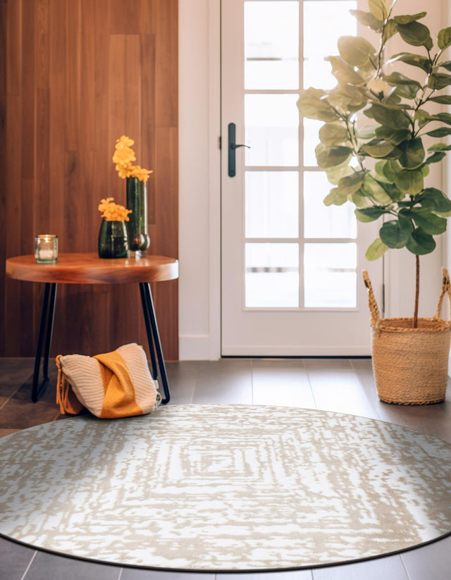 White Bone 7' 10 x 7' 10 Hermitage Round Area Rug 55% Polypropylene & 45% Polyester Easy Clean Stain-Resistant Carpet for Living, Office, Dorm Rooms for Sale at Rug Engine